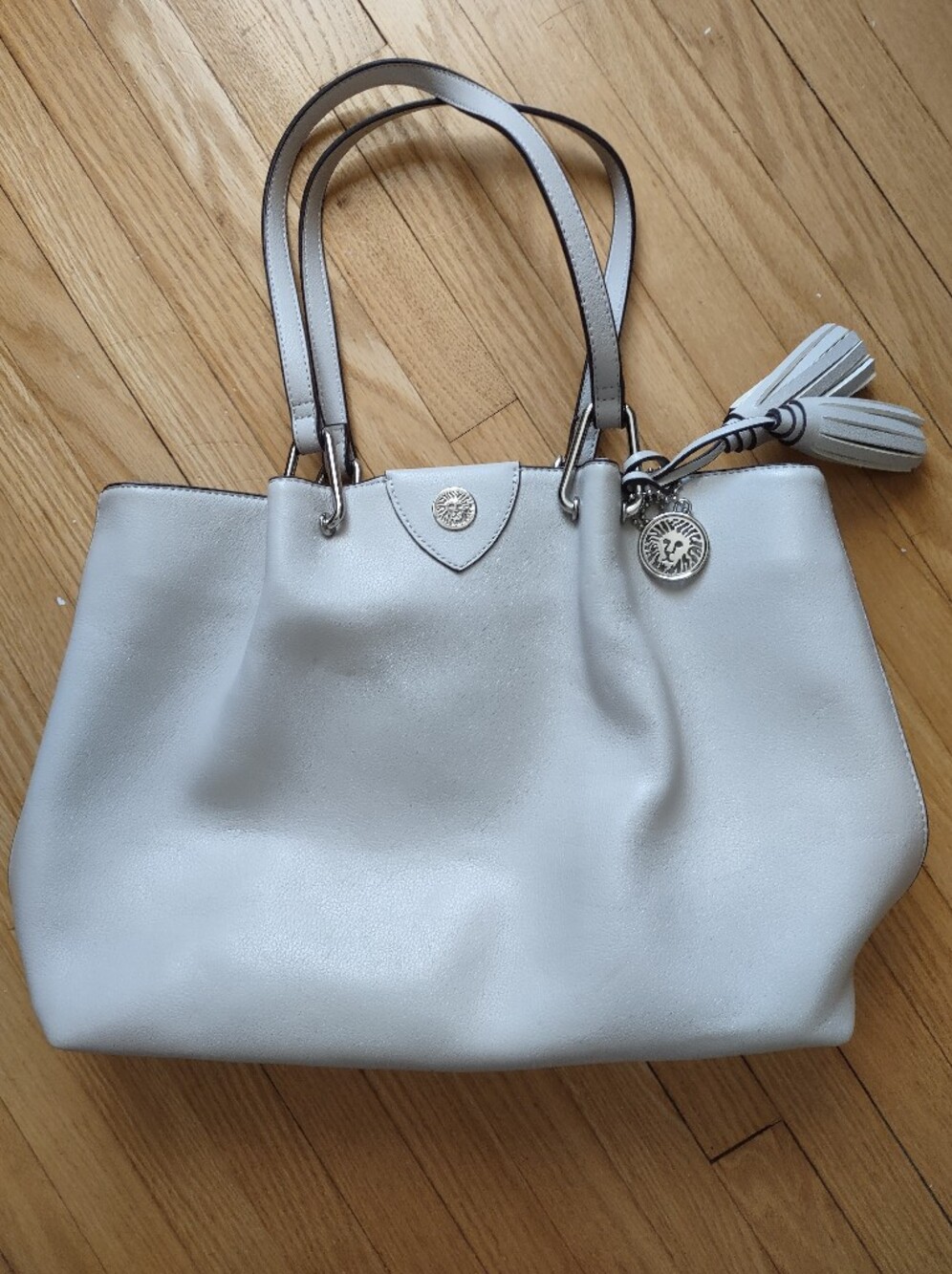 Womens Leather Tote Bag - Light Gray with Tassel Charm